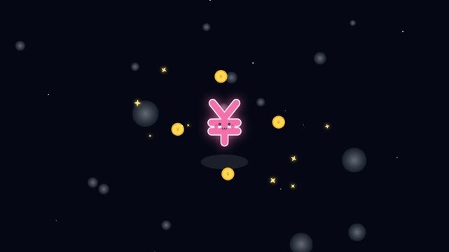 Cute Yen Currency Symbol Animation Floating with Golden Coins on Black