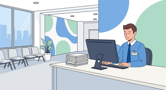 Receptionist at computer in modern clinic waiting room with patients chairs and abstract wall art