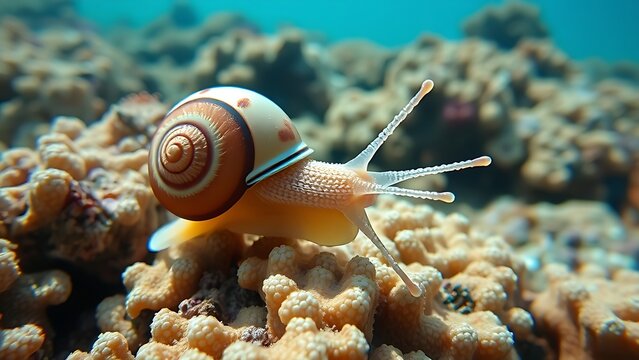 Triton snail extending its tentacles on a coral reef with a visible spiral shell.