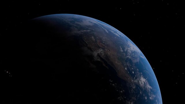 Rotating planet Earth in space. Global world map view from orbit in deep dark cosmos.