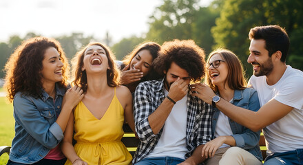 Fototapeta premium Friends laughing together outdoors park bench sunny day happy joy connection togetherness.