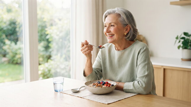 Elderly woman enjoying a healthy bowl of oatmeal for breakfast