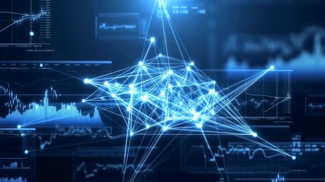 Tracking shot of glowing network nodes pulsing over financial charts on digital dashboard in control room