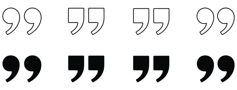 Quotation marks icon set representing inverted comma symbols for dialogue speech communication typography and written text, vector design.