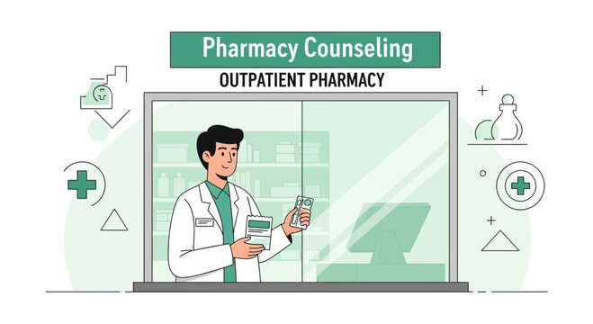 Pharmacist counseling patient at outpatient pharmacy counter, healthcare service