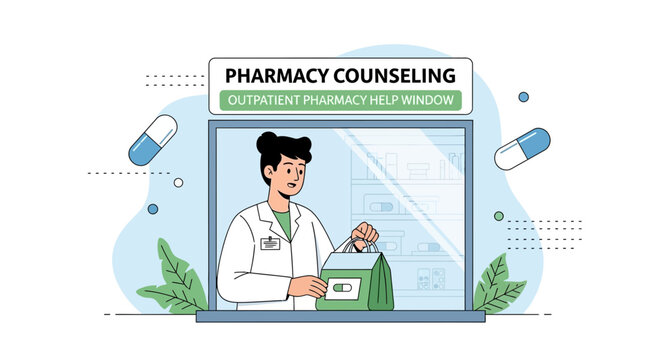 Pharmacist counseling patient at outpatient pharmacy help window, medical advice