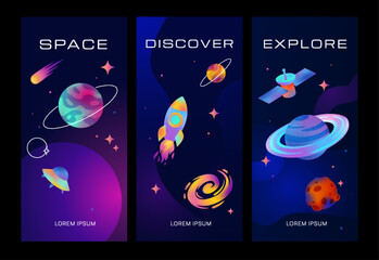 A set of banners featuring planets, a rocket, a satellite, and a UFO, with gradient colors , grain. © sabelskaya