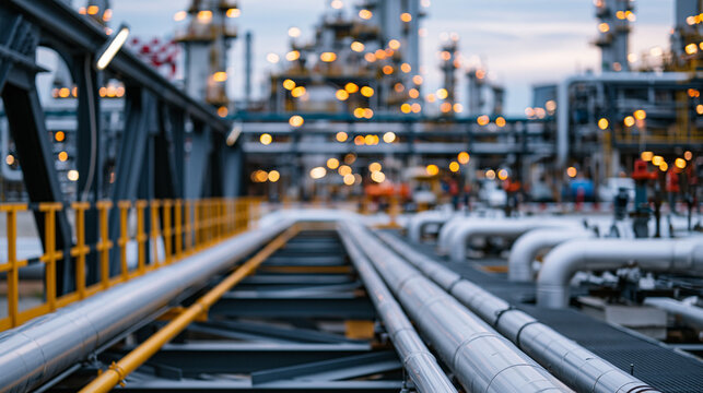 Steel pipe bridge crossing between refinery process units with dramatic industrial perspective, ultra photorealism, cinematic color correction, natural uneven lighting yet gentle backlight, soft ric
