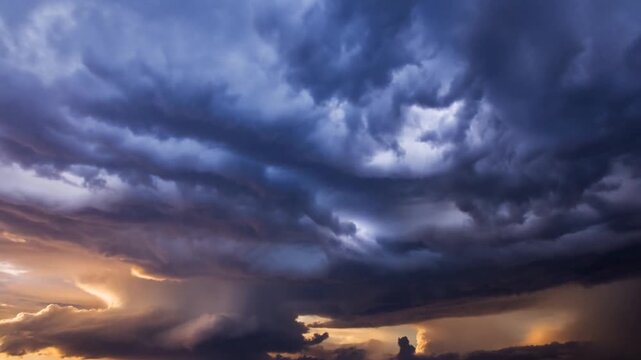 Time lapse aerial view of storm clouds rotating and building into supercell thunderstorm over open horizon at sunset