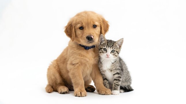 Adorable Golden Retriever Puppy Sitting Beside A Small Tabby Kitten.