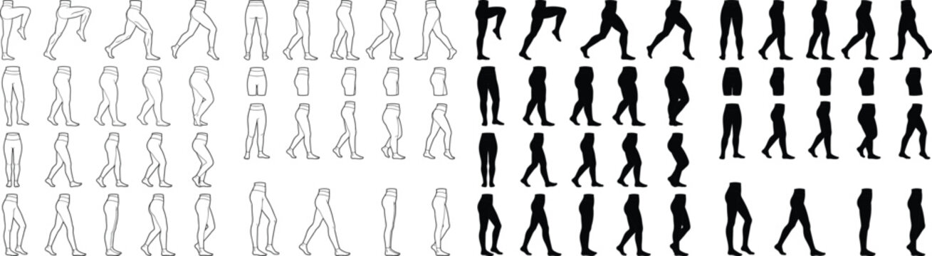 Female Legs Silhouette and Outline Vector Collection with Walking Pose Reference Set
