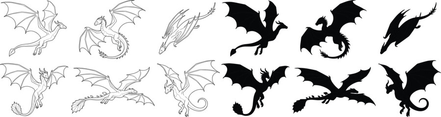 Flying Dragon Silhouette and Outline Vector Set with Fantasy Creature Collection © MstRezoara
