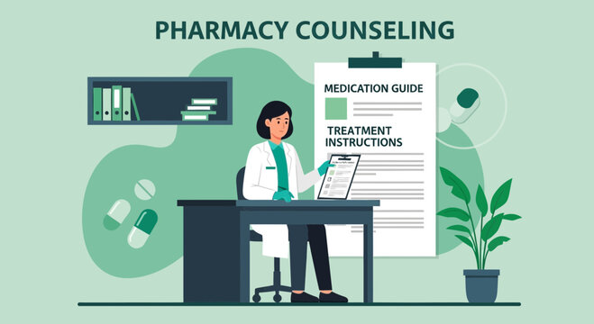 Pharmacist counseling patient on medication guide and treatment instructions at desk