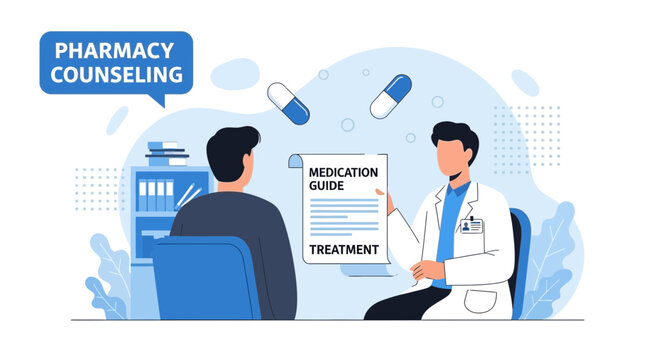Pharmacist counseling patient on medication guide and treatment plan in clinic