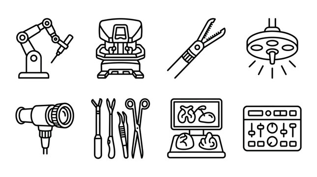 Robotic Surgery and Advanced Medical Technology Icon Set - Laparoscopic Instruments, Surgeon Console, and Robotic Arm Line Art Illustrations for Healthcare and Biotech