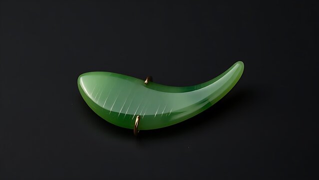 A slender green jade pendant shaped like a silique on a dark background.