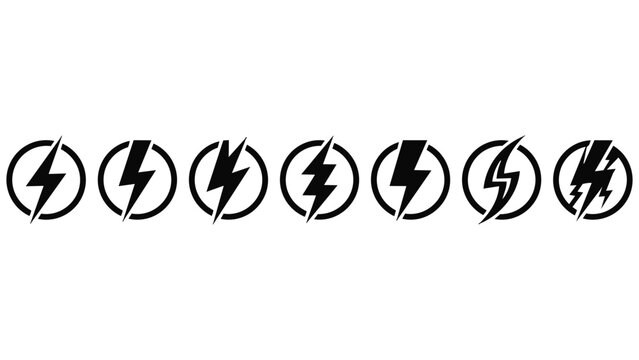 Collection of black lightning bolt icons in circles with lightning electricity electric illustration isolated collection iconography