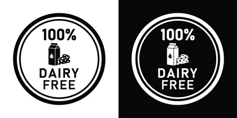 Obraz premium Circular 100% dairy free vector stamp icon with milk carton and cheese wedge graphics in black and white versions for food packaging labels.