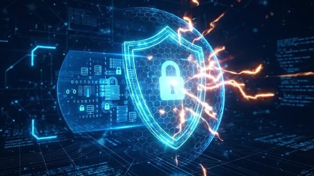 Cybersecurity shield with digital lock icon blocking fiery cyber attacks and electric sparks representing advanced data protection network security technology in futuristic environment