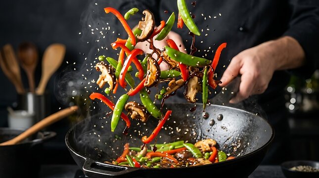 Professional Chef Tossing Colorful Bell Peppers and Mushrooms in a Wok for a Healthy Stir-fry Meal