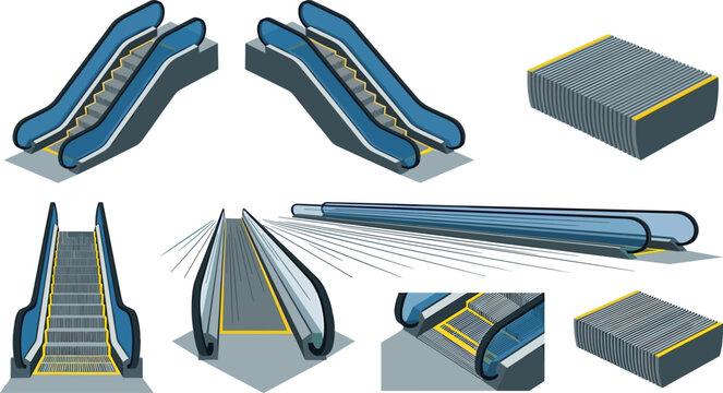 Modern Isometric Escalator and Moving Walkway Vector Icon Set Featuring Front Views, Side Perspectives, Steps, and Comb Plates for Architectural Designs