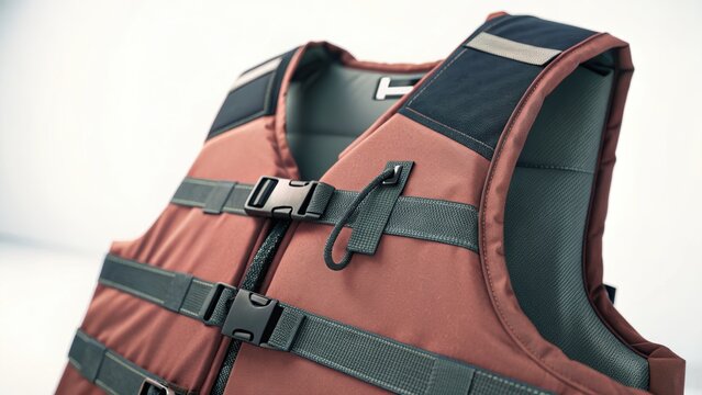 life vest, highlighting its safety features and practical design. The vest is orange with dark gray straps and buckles, ready for any adventure