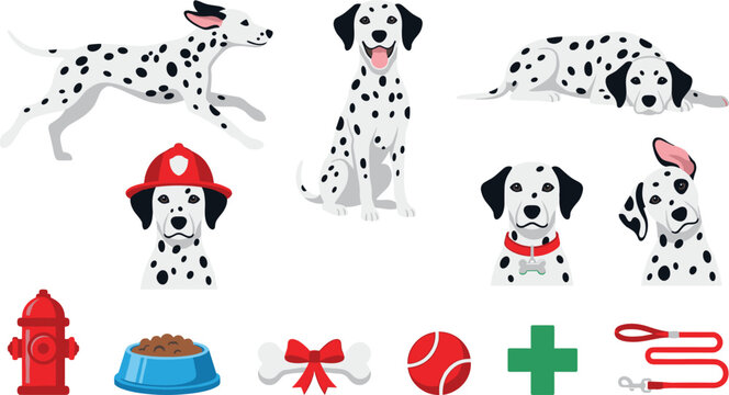 Dalmatian Dog Collection with Running Sitting Sleeping Firefighter Puppy Pet Care Accessories and Cute Cartoon Vector Illustration Set