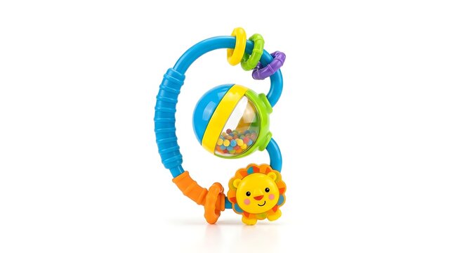 Colorful Lion Themed Baby Rattle Toy Isolated on White Background.