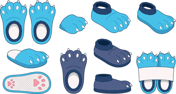 Plush Monster Paw Slippers Vector Icon Set Featuring Blue Soft Animal Claw Booties with Fluffy Winter Footwear Symbols for Cozy Apparel Designs