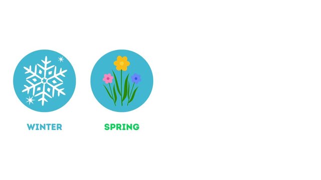 Animated 4K vector icons of four seasons with English text. Educational motion graphics video featuring winter snowflake, spring flowers, summer sun, and autumn leaf on white background.