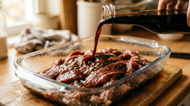 Marinade Preparation for Juicy Beef in Glass Dish on Wooden Surface