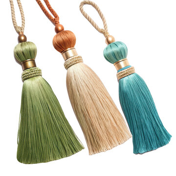 Three silk tassel door hangers in green beige and blue isolated on transparent background isolated on a transparent background