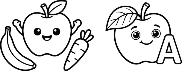 Obraz premium Cute cartoon apple, banana, and carrot vector line illustration coloring page for kids education.