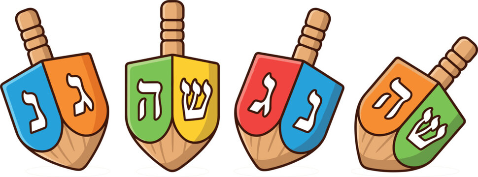 Hanukkah Dreidel Toy Vector Illustration Set with Hebrew Letters Nun Gimel Hei Shin for Jewish Festival Holiday Celebration and Tradition Graphic Designs
