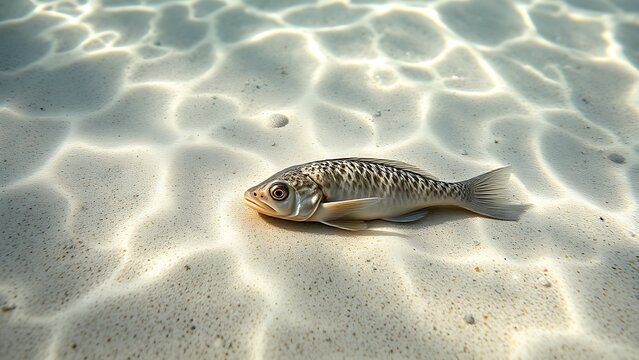A single plaice fish resting on a sandy seabed in shallow, sun-dappled water.