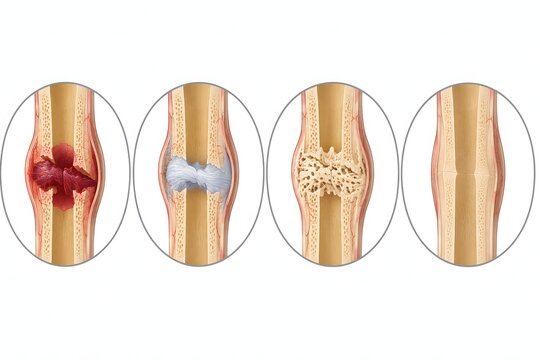 Bone fracture healing stages diagram, callus formation remodeling, orthopedic medical illustration showing hematoma, soft callus, hard callus and remodeling phases.