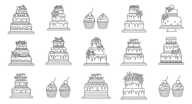 Minimalist Thin Line Art Sketches of Tiered Wedding Cakes and Cupcakes
