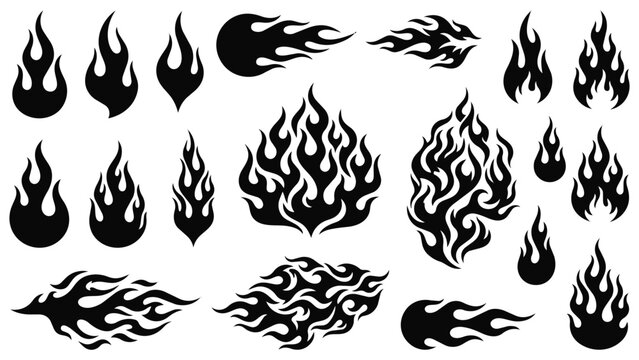 Black silhouette fire flames and smoke elements collection with silhouette abstract ignition fireball collection isolated background