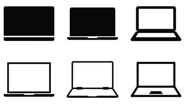 Set of black laptop icons in flat design style with computer notebook technology electronics portable computing hardware isolated