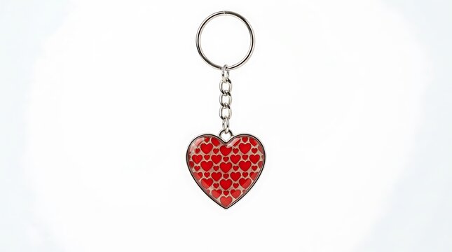Heart shaped keychain with red heart pattern isolated on white background.