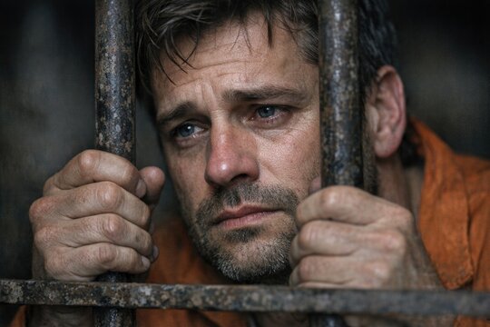 A man in an orange shirt standing behind prison bars