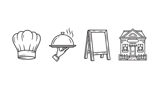 Restaurant icons set including chef hat, serving dish, menu board and storefront vector illustration