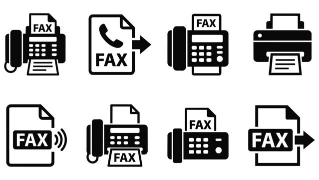 Fax machine and document transmission icons with document communication transmission technology business equipment telephone isolated
