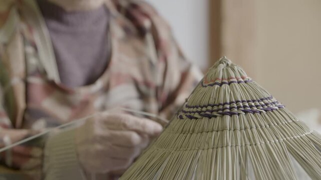 Artisan Weaving Traditional Bon Odori Hat by Hand in Ugo Town Akita Pr