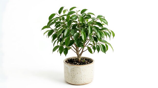 Small Ficus Benjamina houseplant in a ceramic pot isolated on white background.