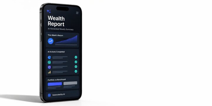 Smartphone mockup on white background displaying AI generated weekly wealth report summary and portfolio performance