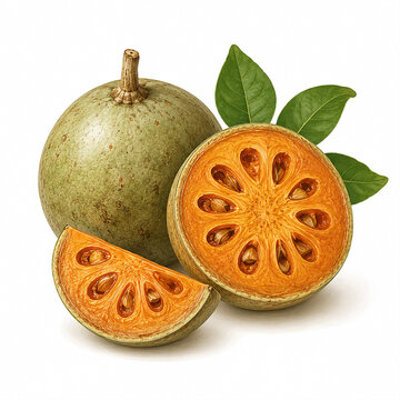 The bael fruit,known in Indonesia as *maja* (*Aegle marmelos*) is a highly beneficial tropical plant native to India, featuring yellow-orange, sweet, and fragrant flesh.