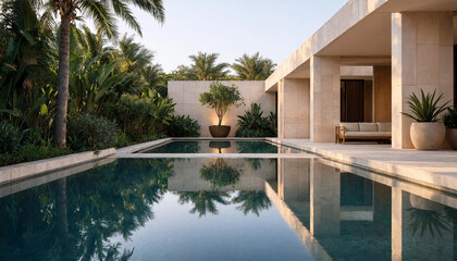 Fototapeta premium Luxury residential villa with swimming pool and minimalist stone architecture in a tropical garden setting architecture swimming tropical residence exterior relaxation landscape