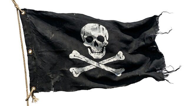 Tattered Black Pirate Flag with Skull and Crossbones.