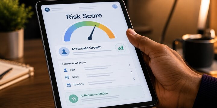 User holding tablet displaying AI risk score gauge meter and moderate growth recommendation for investment planning